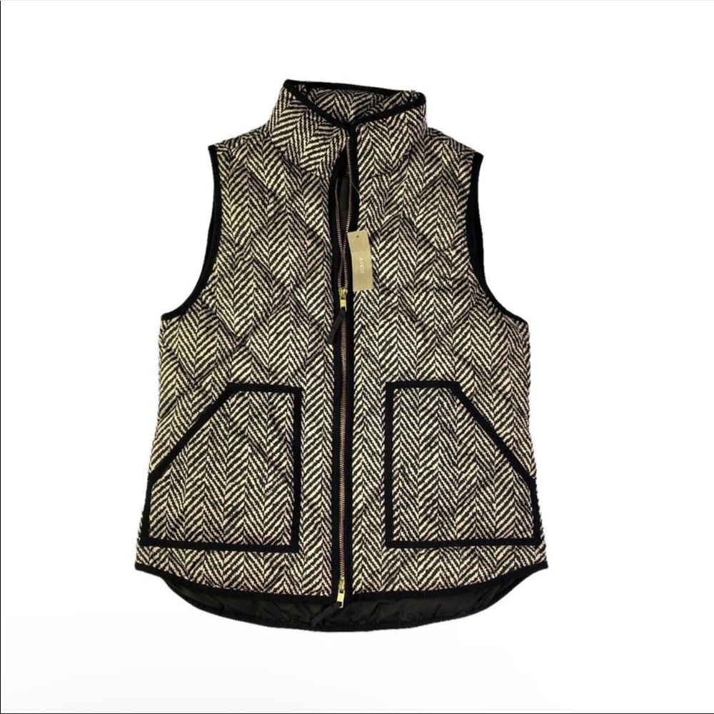 J Crew Black Tan Herringbone Print Excursion Quilted Puffer Down Vest Small